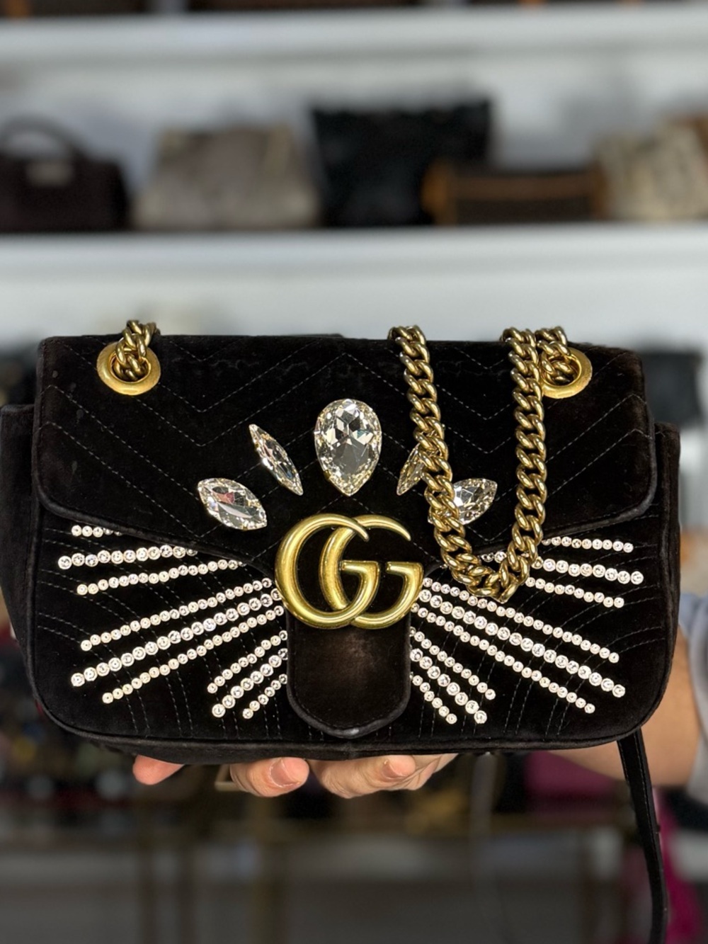 GUCCI BLACK VELVET MARMONT CHAIN BAG